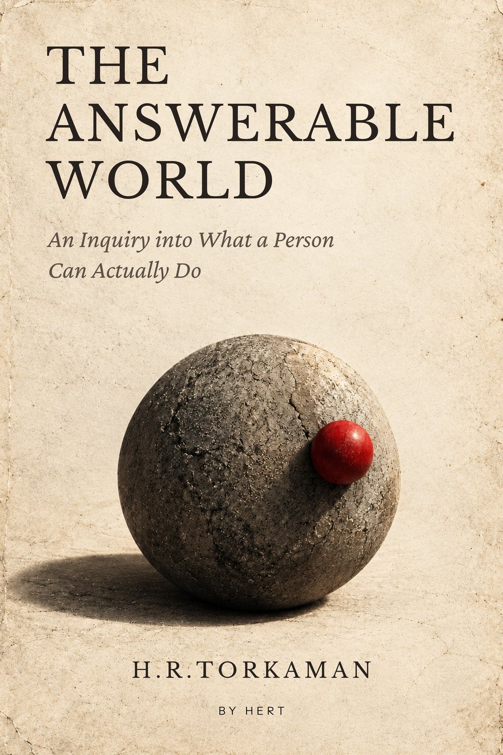 The Answerable World — a rough stone sphere with a single red bead pressed into it.
