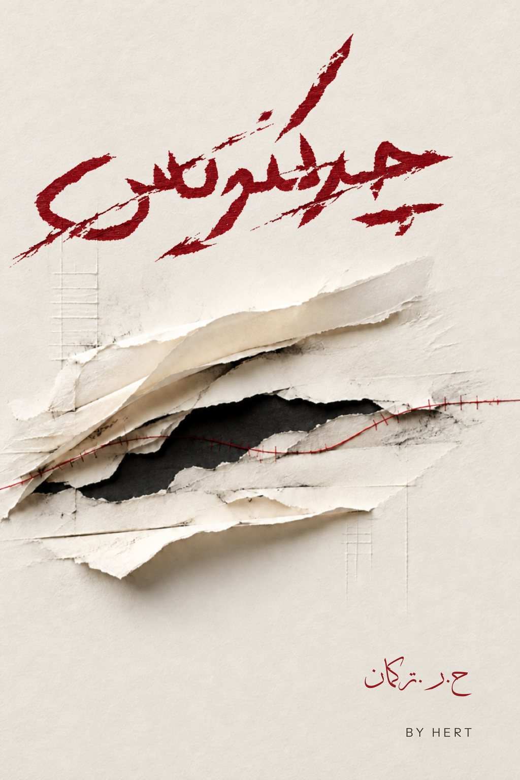 چرکنویس — torn paper opening onto darkness beneath a red calligraphic title.
