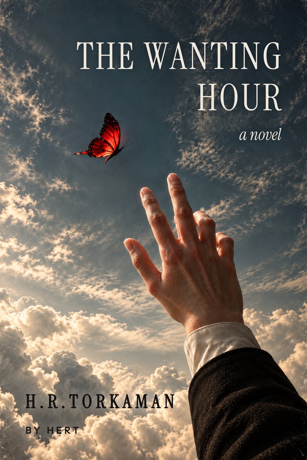 The Wanting Hour — a hand reaching into open sky towards one red butterfly.
