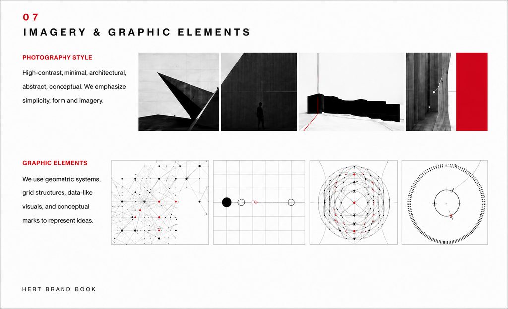 Imagery and graphic elements spread — architectural photography direction and geometric conceptual marks.