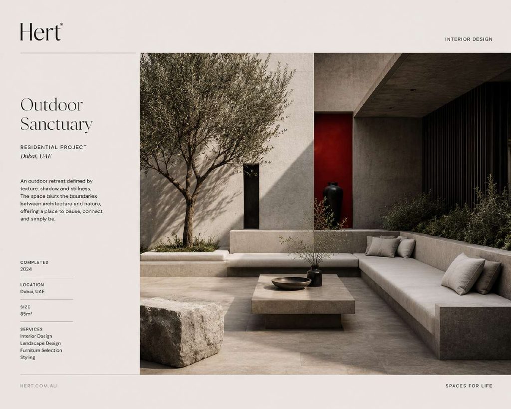 Outdoor Sanctuary — a Dubai courtyard with an olive tree, low seating and a raw stone table.