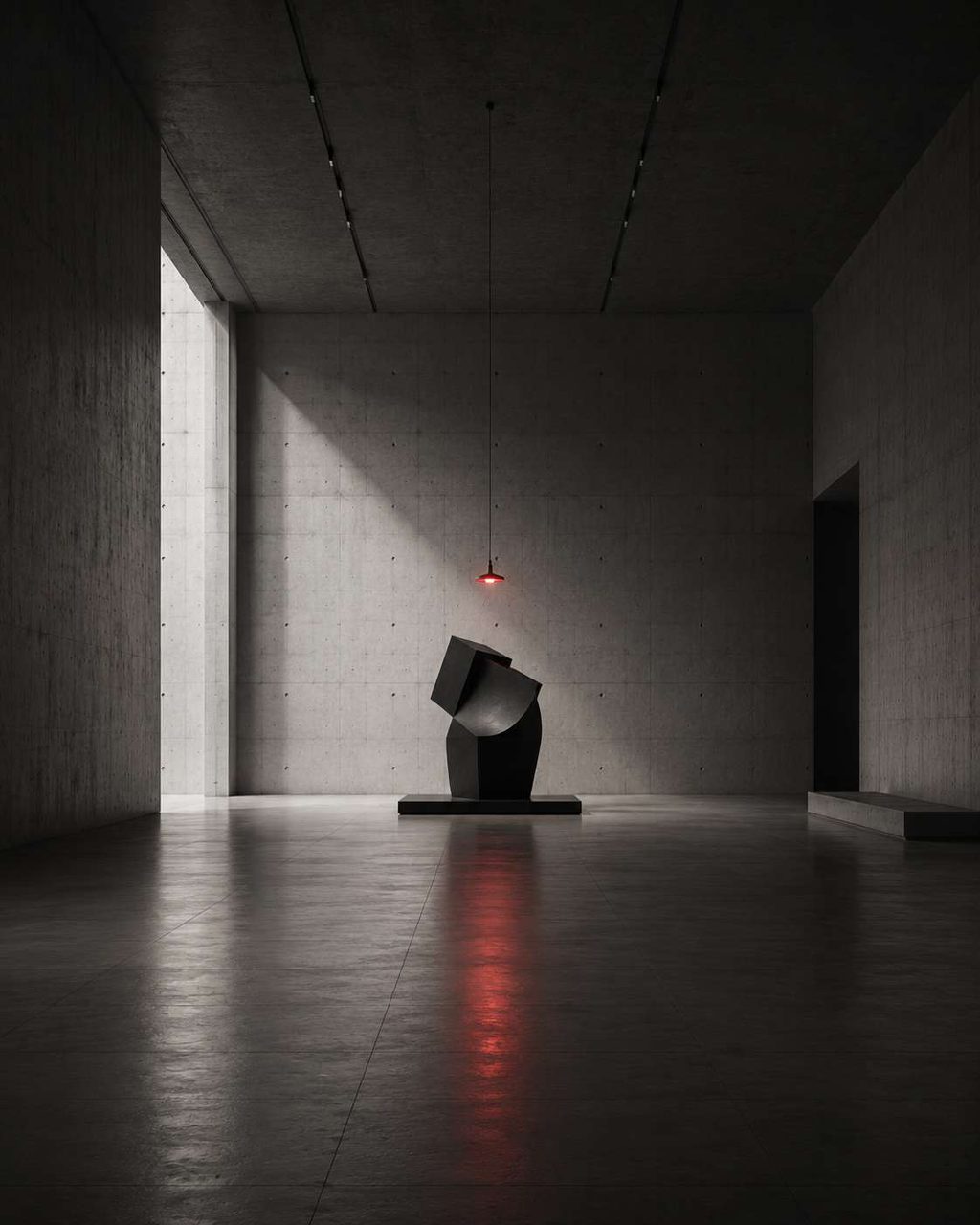 A dark concrete room with a suspended sculpture and one red pendant reflection on the floor.