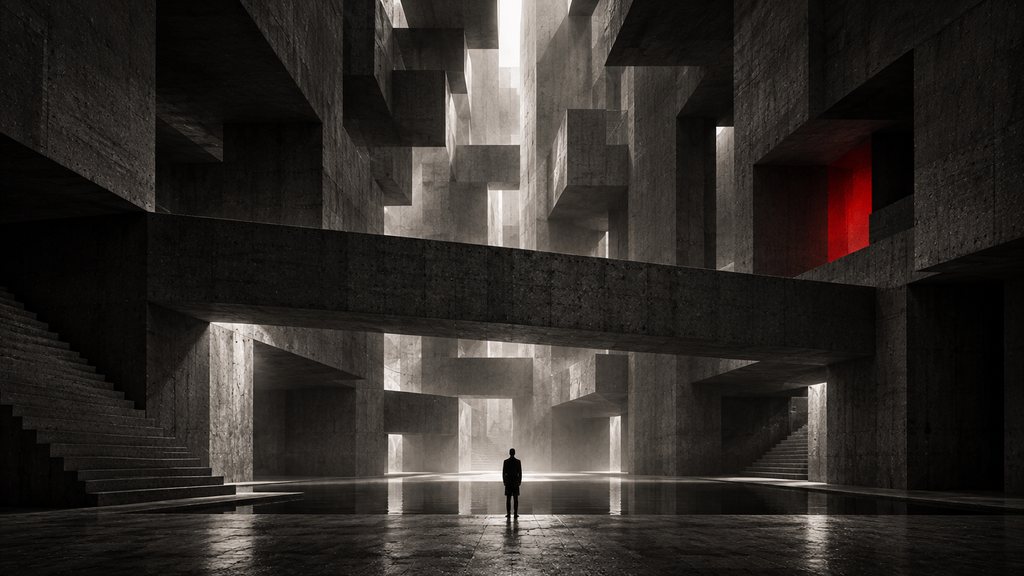 Layered concrete galleries receding into darkness, one lit figure far below.