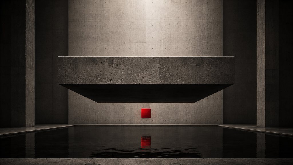 A vast concrete chamber with a suspended slab and a single red square at its centre.
