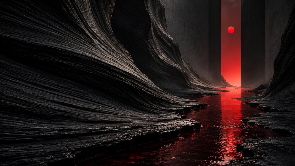 A narrow black canyon with a river of red light running through its floor.