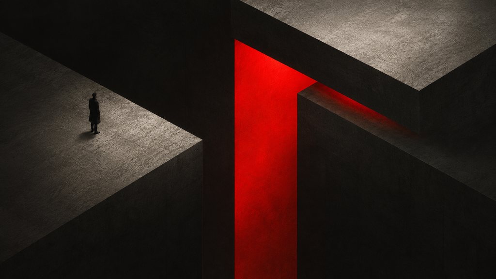 A concrete volume folded around a wedge of deep red light.