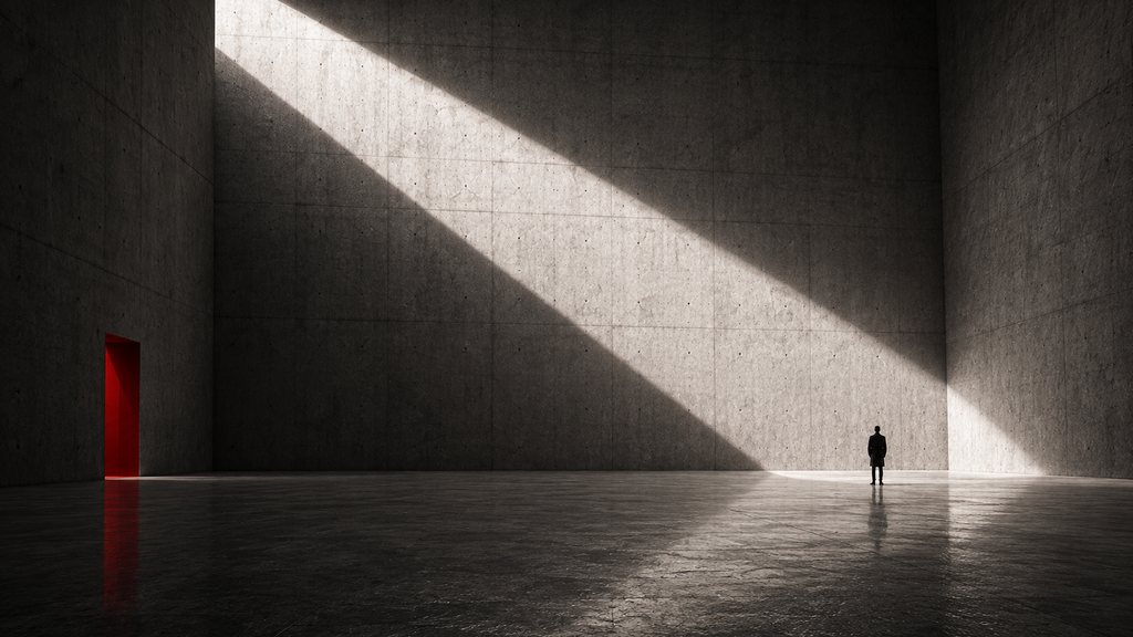 A lone figure in a vast concrete hall, cut by a hard diagonal of daylight, a red opening in the far wall.