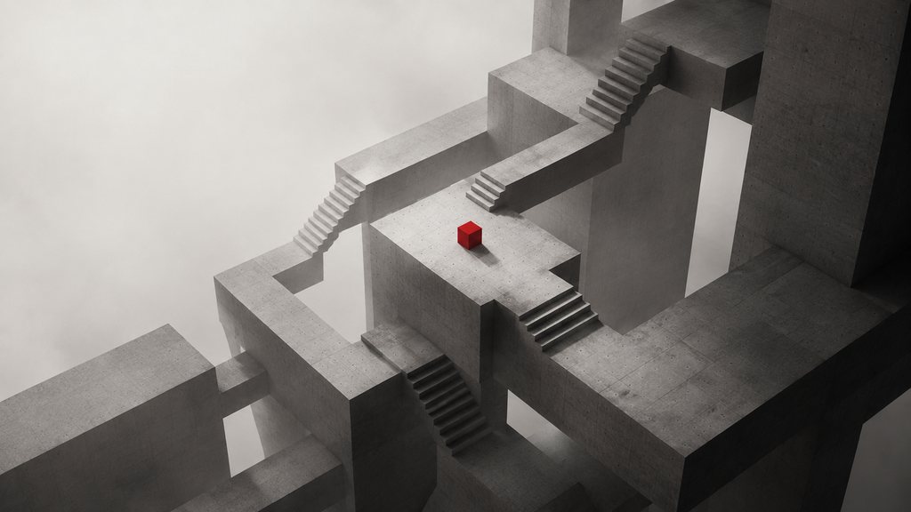 An impossible arrangement of concrete stairs and platforms with a single red sphere.