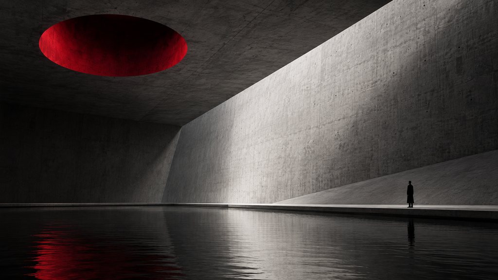 A red elliptical opening in a concrete ceiling, a lone figure on the flooded floor below.
