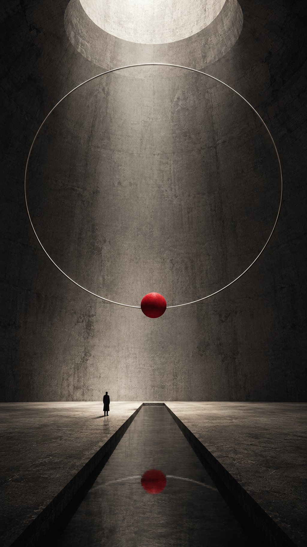 A thin ring suspended in a concrete hall, a red sphere held on its edge.