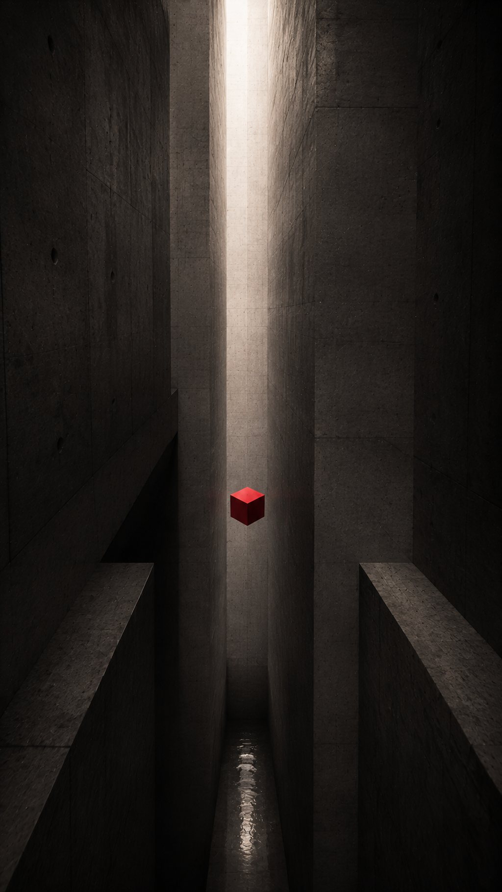 A narrow concrete shaft lit from above, a small red cube held in the gap.