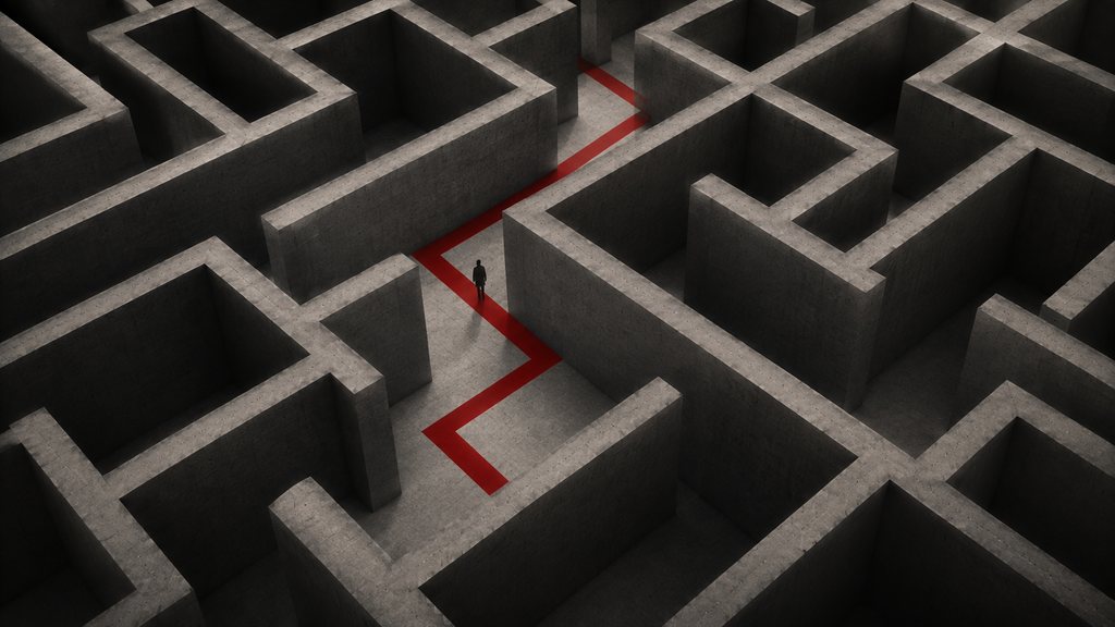 An aerial view of a vast concrete labyrinth with one red path traced through it.