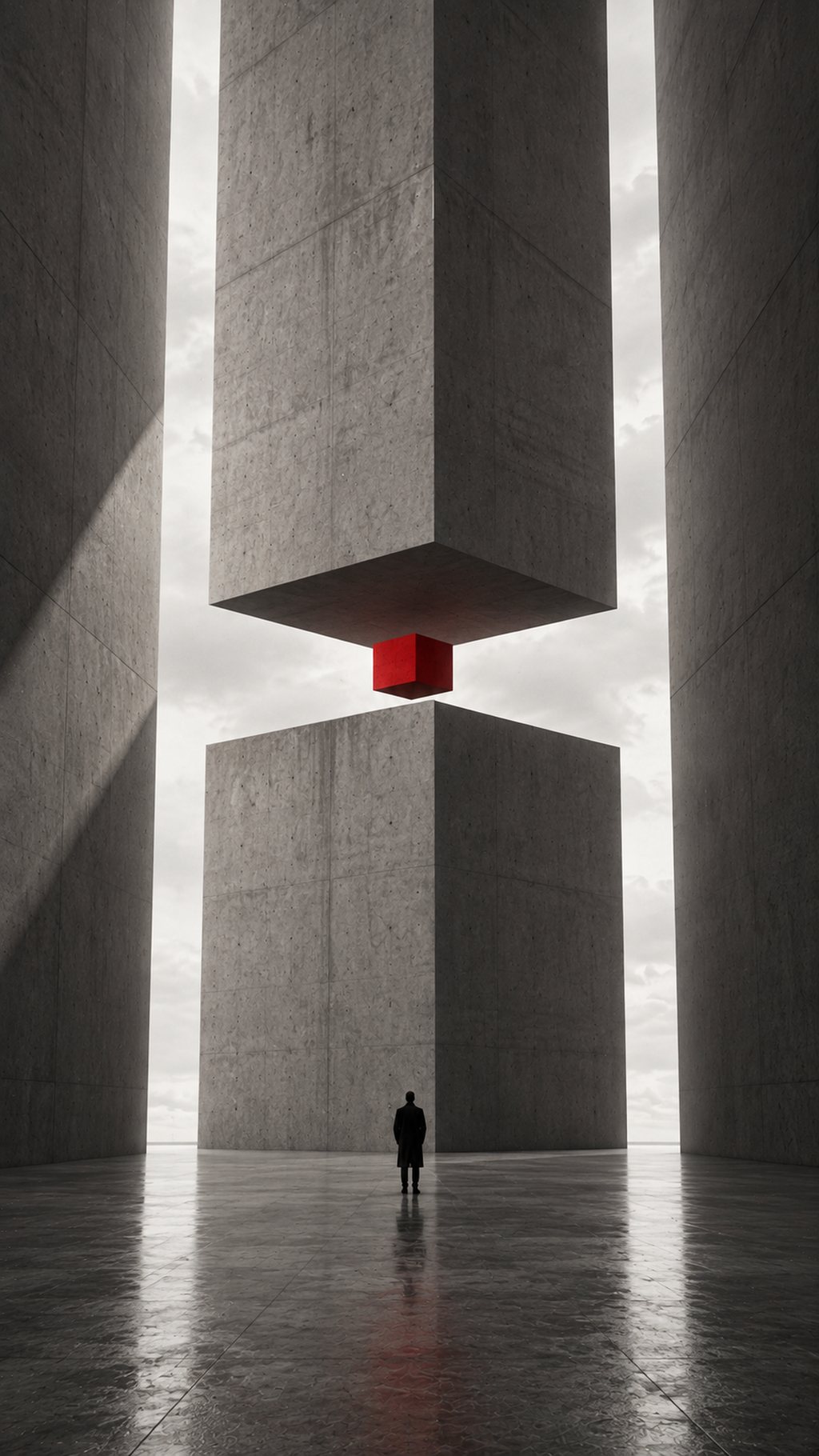 A concrete block suspended above a figure, a red cube pinched between the two masses.