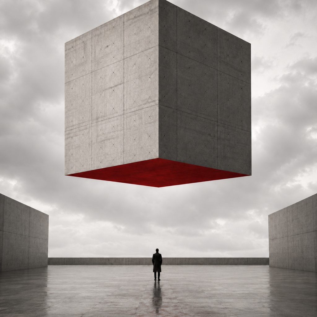 A concrete cube suspended above a wet plain, its underside glowing red.