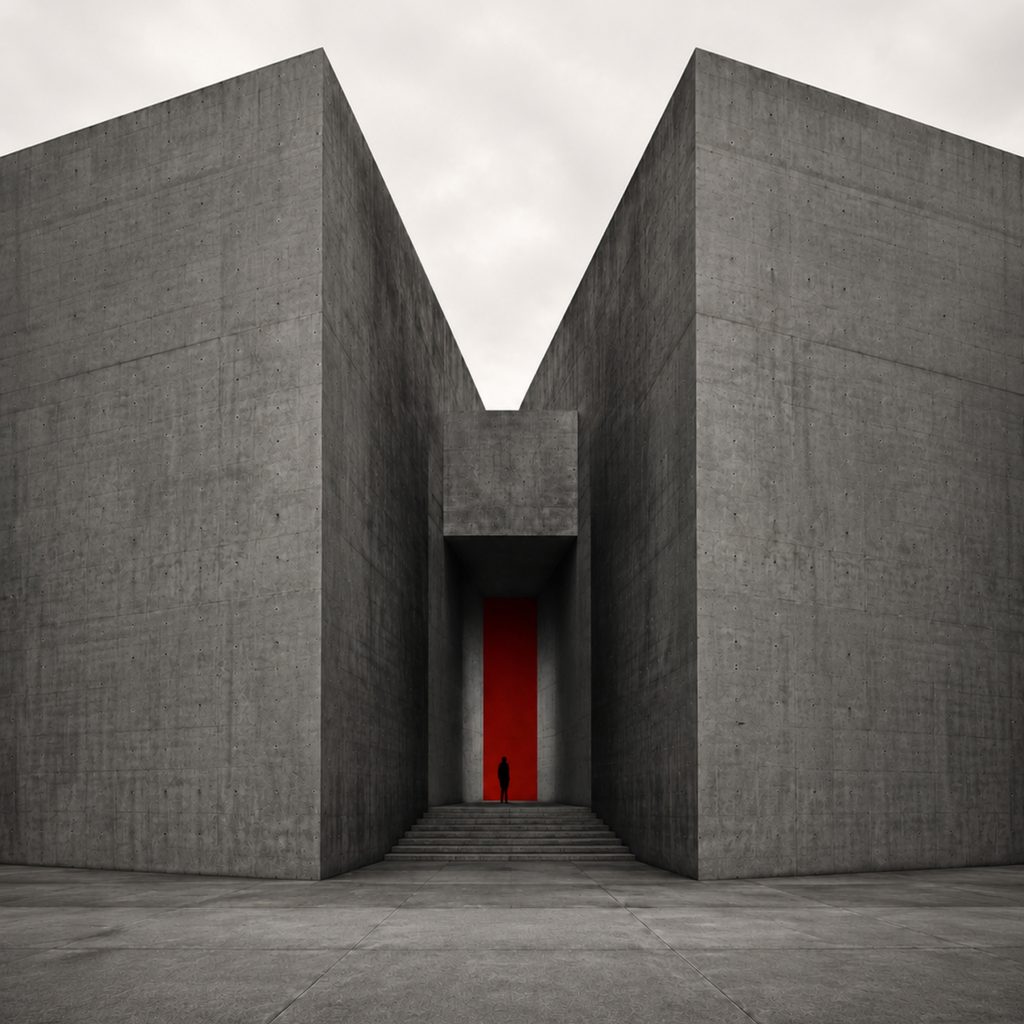 A symmetrical concrete facade cleft down the middle, a red doorway deep in the opening.