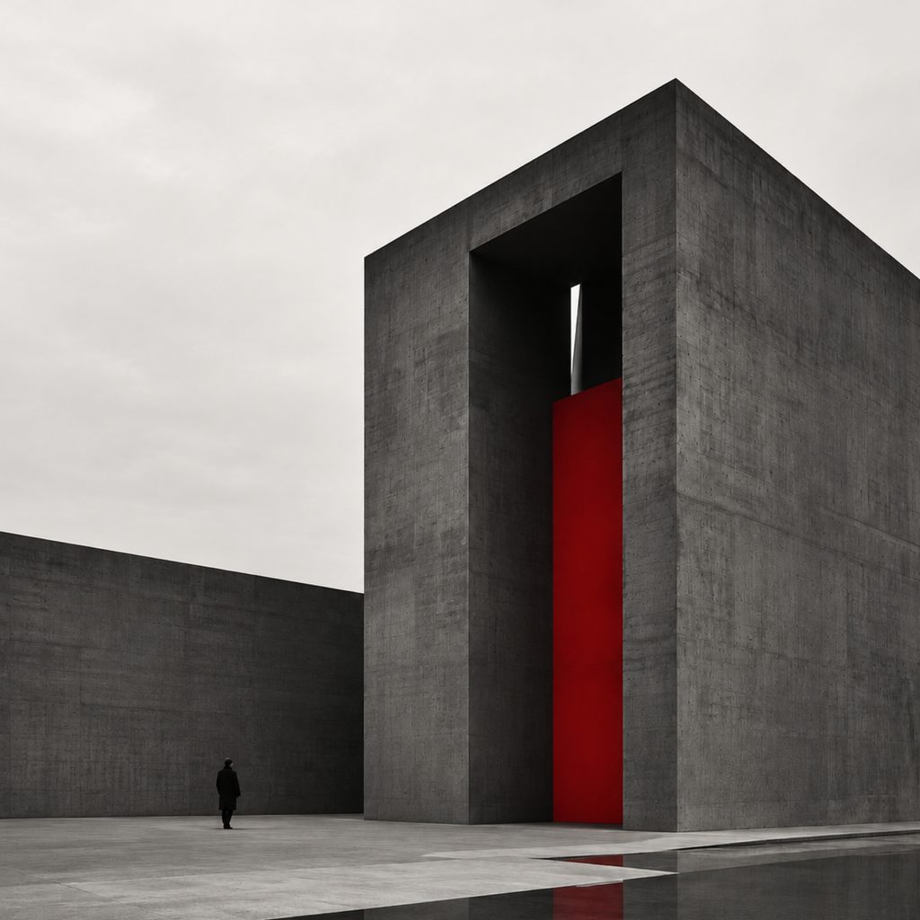 A concrete tower with a tall red slot cut into its face, reflected in shallow water.