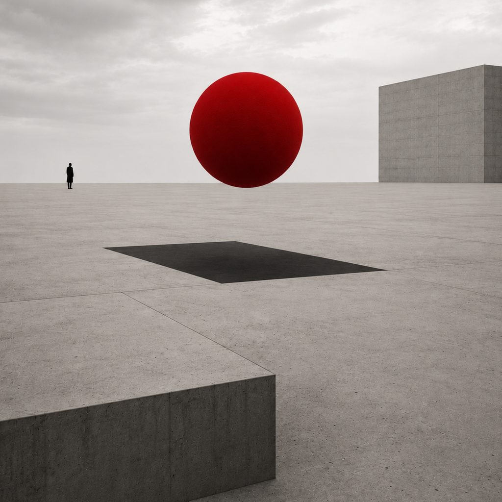 A red sphere hanging above a stepped concrete plain, a lone figure at the far edge.