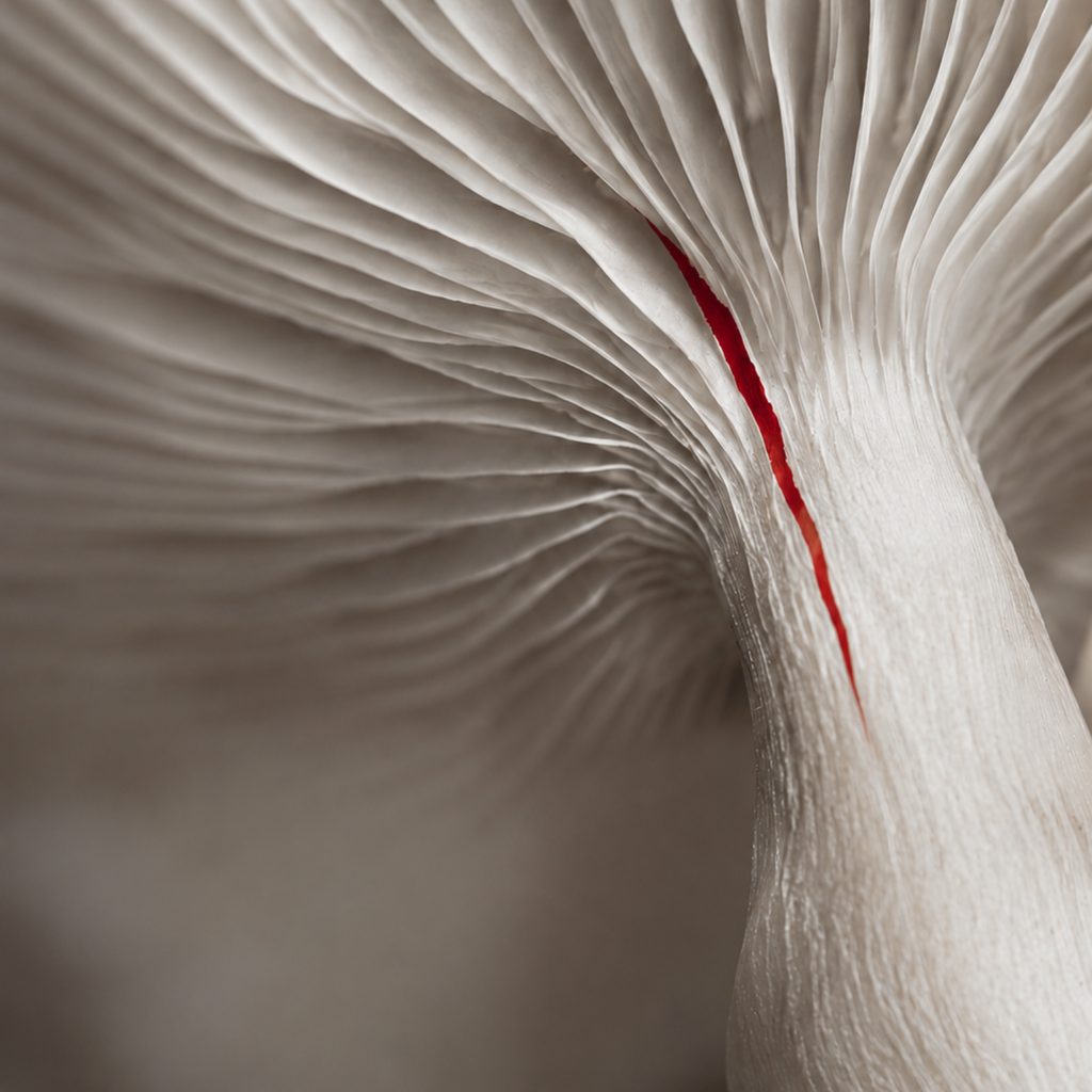 The pale radial gills of a fungus, split by one thin red line.