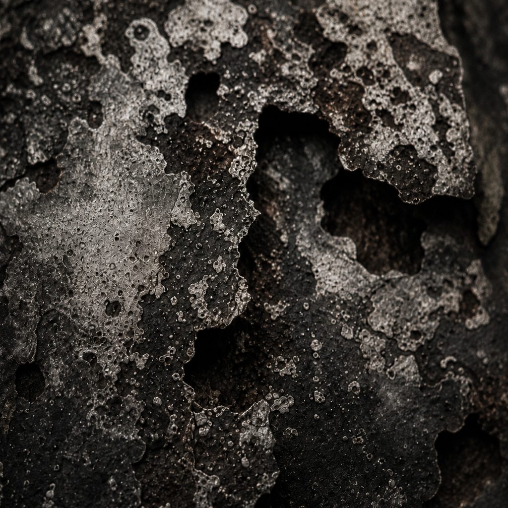 Lichen and mineral crust spreading across dark stone.