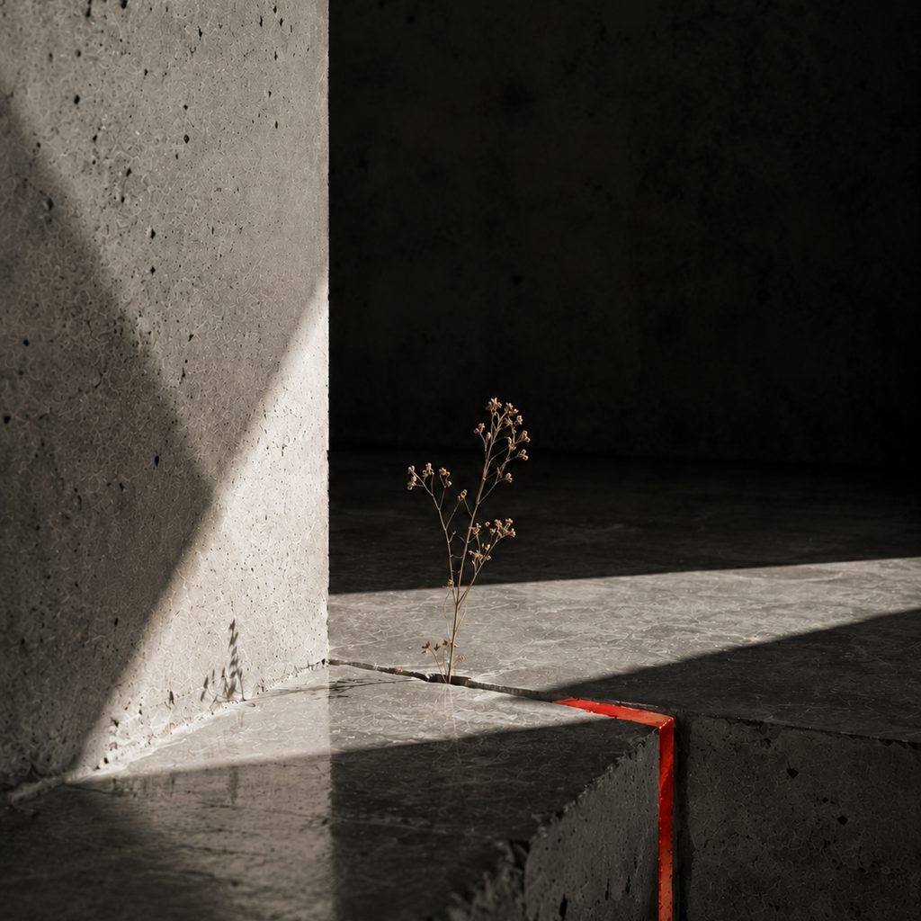 A shaft of light crossing a concrete corner, a dry stem in the gap and a red seam along the floor.
