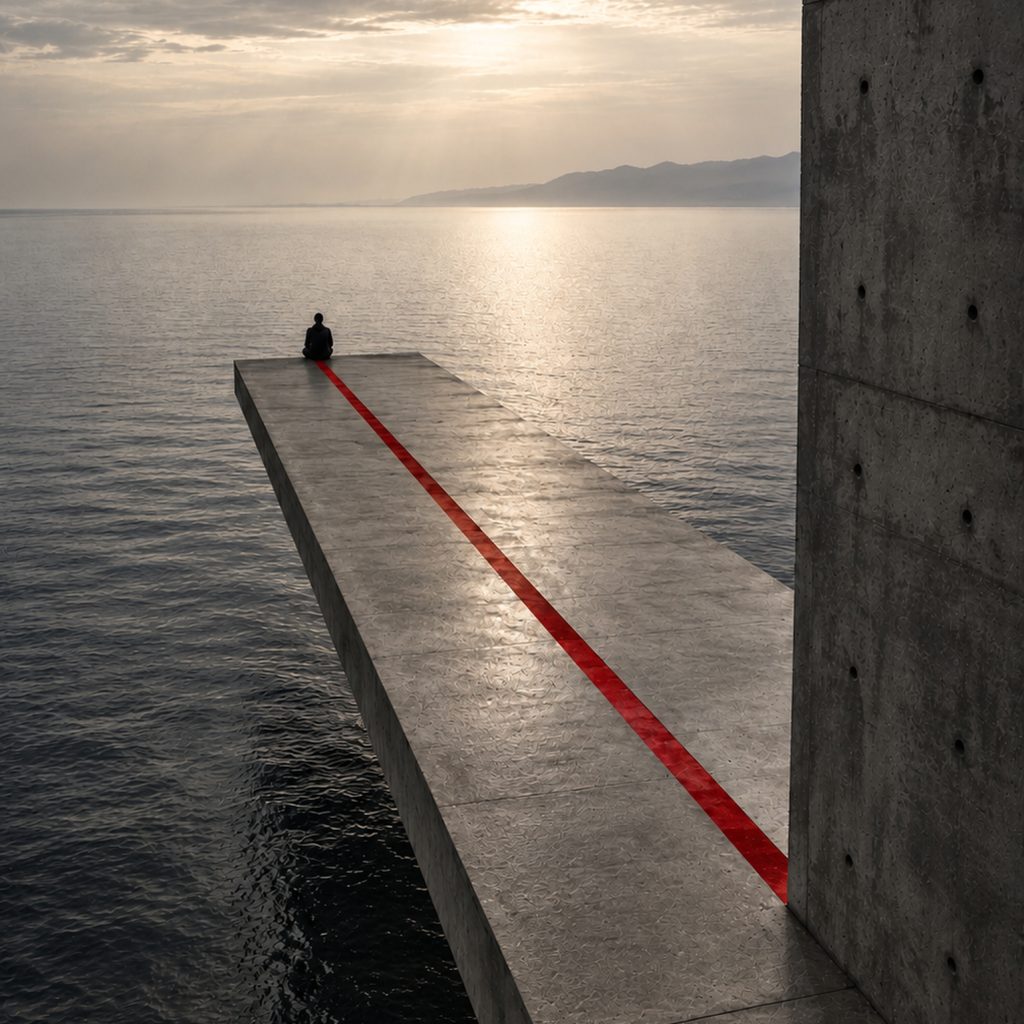 A concrete pier running out over the sea at dusk, a red line down its length and a lone figure at the end.