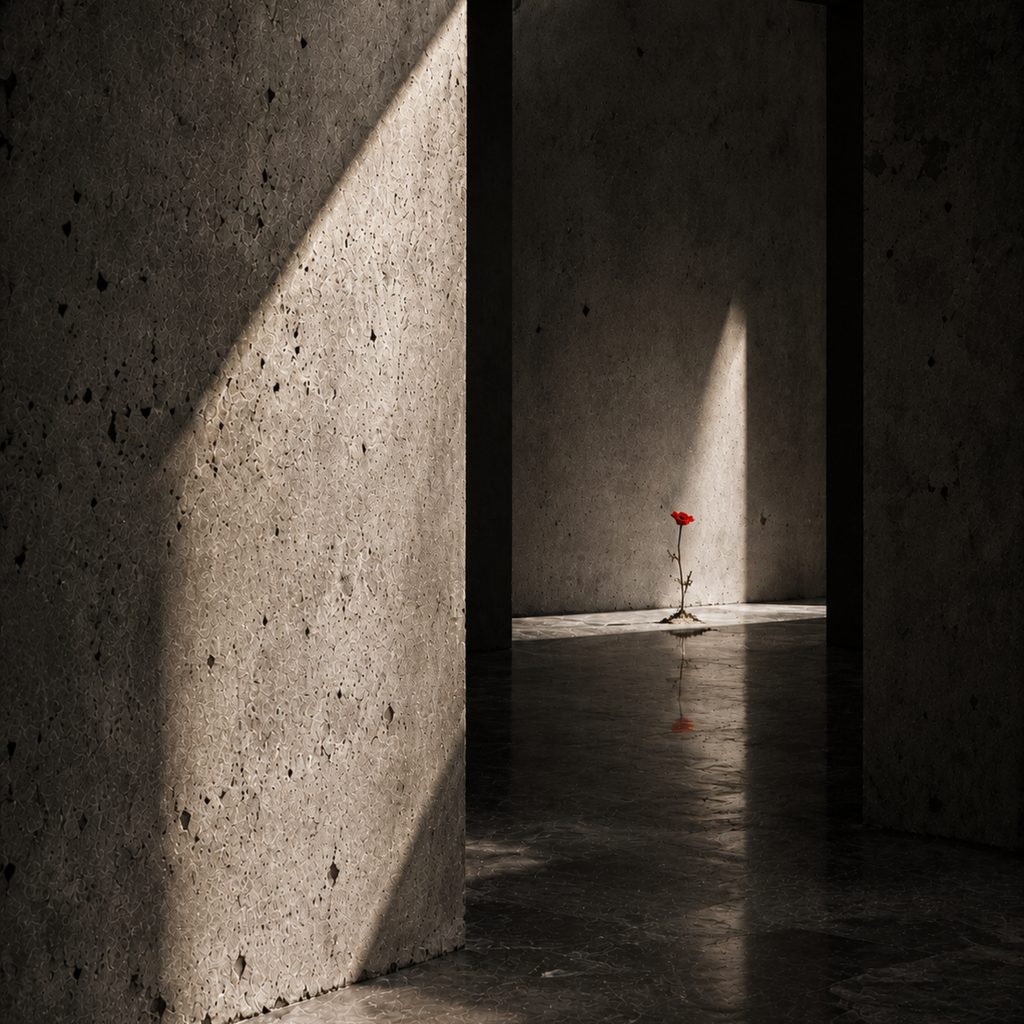 A concrete passage with daylight falling across the wall, a single red flower standing in the room beyond.